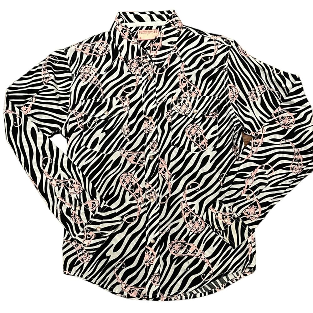 Ransom Ranch Youth/Girls XL Zebra and Pink Paisley Western Pink Pearl Snap Shirt